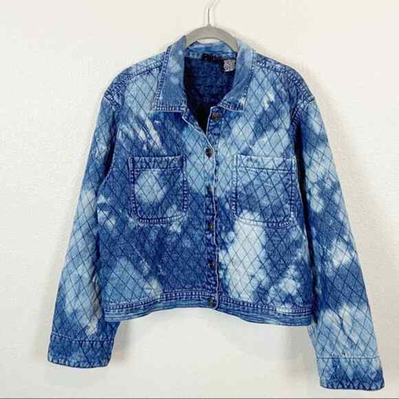 Quilted Denim Jean Jacket PTNY Vintage Women's Funky Upcycled Bleach Dyed sz L - Picture 1 of 11